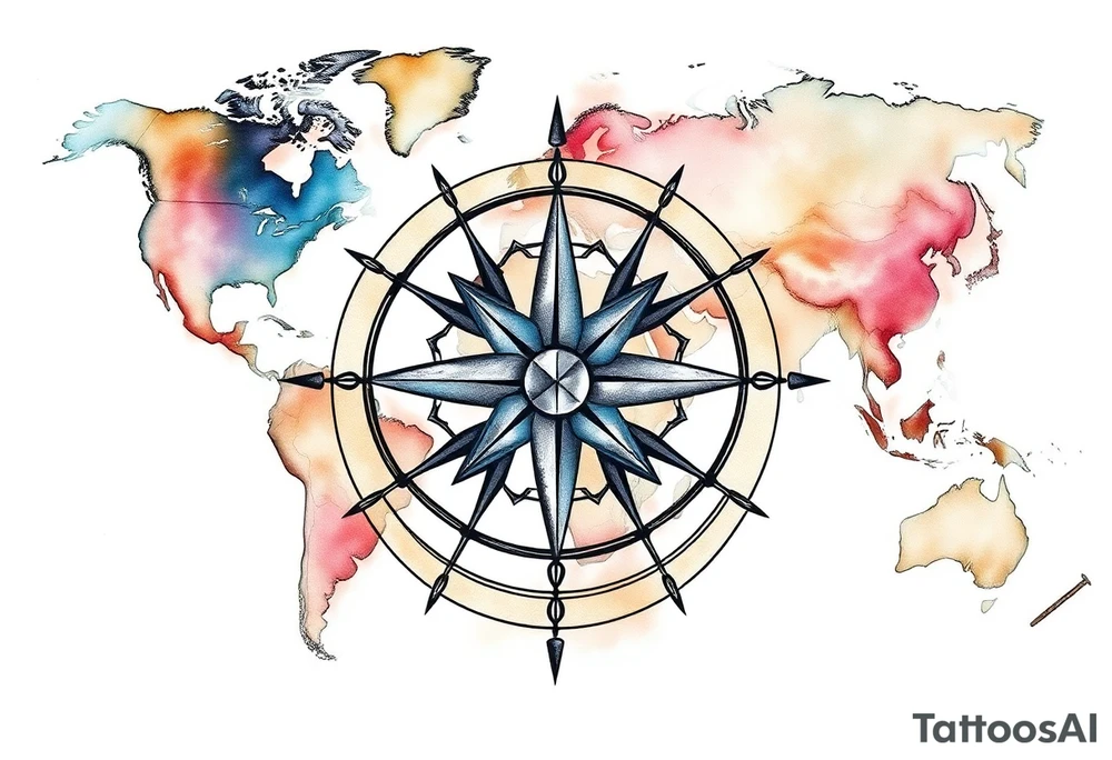 antique compass rose overlaid on weathered world map with sailing ships tattoo idea