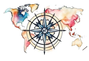 antique compass rose overlaid on weathered world map with sailing ships tattoo idea