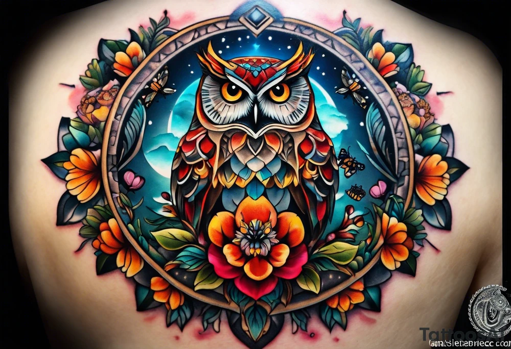 A lower forearm sleeve full colour mandala flowers, and owl, bees, pinecone, lady bugs. Moon tattoo idea