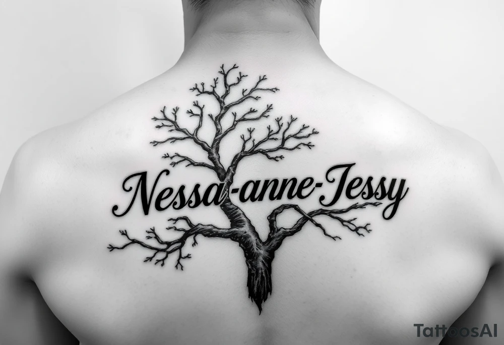 the name Nessa, Anne, Jessy
 on a live tree tattoo idea