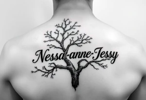 the name Nessa, Anne, Jessy
 on a live tree tattoo idea