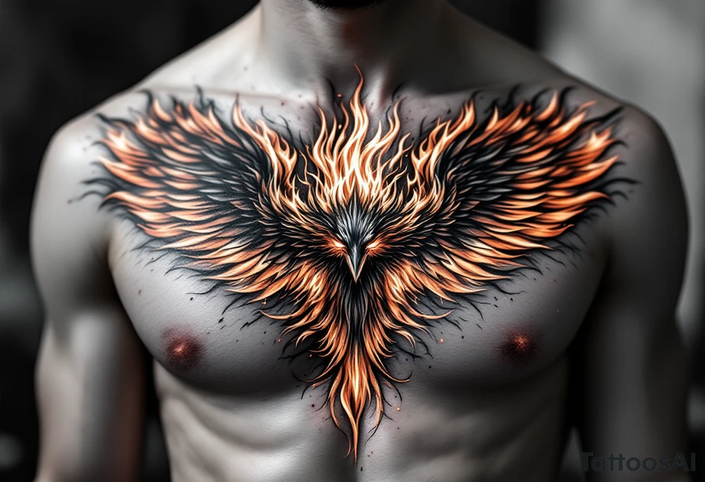 Realistic and symmetrical flaming Phoenix rebirth with spread low wings surrounded by fire mapped onto chest
Phoenix head must be in the middle of the chest, straight and symmetrical 
Fire should be surrounding spread wings
Wings should be spread low only on chest muscle tattoo idea