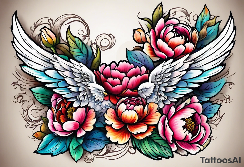 beautiful angel wings with colorful, peonies. beautiful flilligree in the background , full color, traditional old school tattoo idea