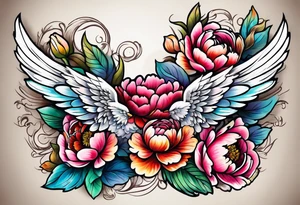 beautiful angel wings with colorful, peonies. beautiful flilligree in the background , full color, traditional old school tattoo idea