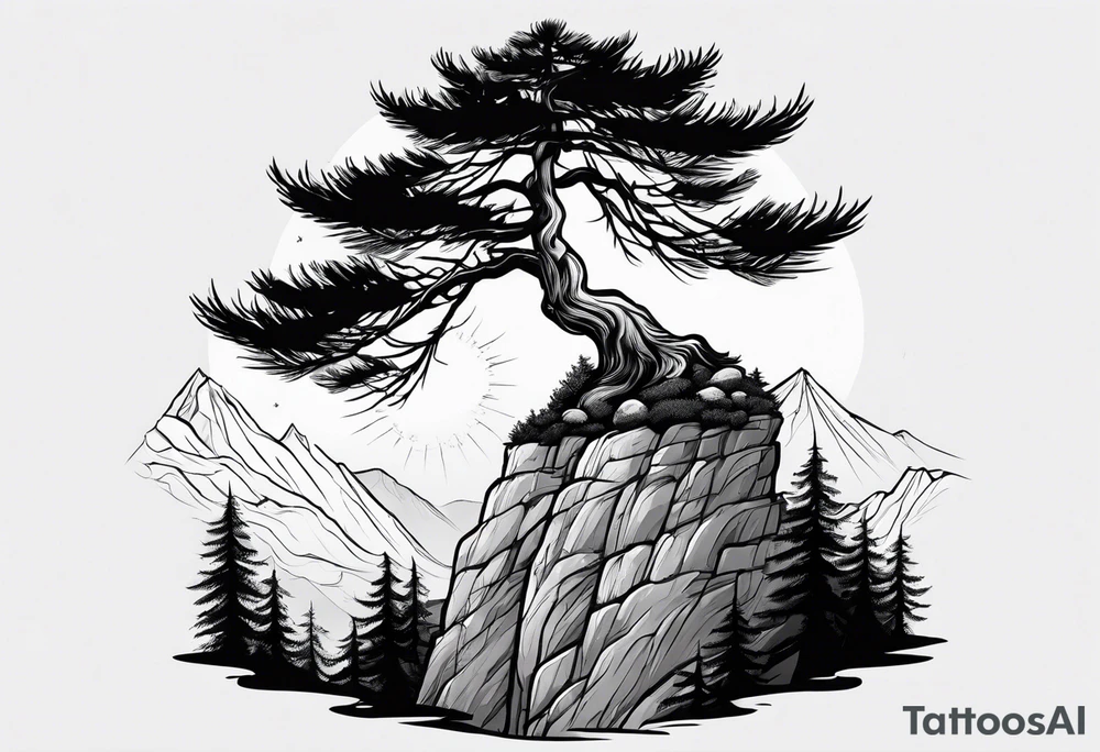 pine tree on the edge of a cliff tattoo idea