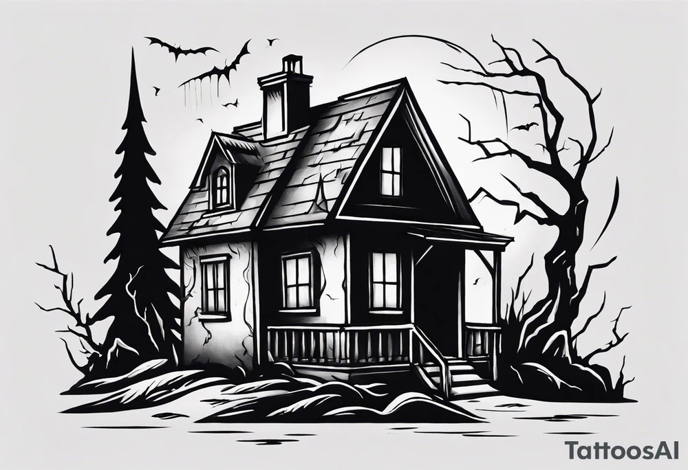 Create a tattoo design featuring a small house with a sinister, pointy roof, enveloped in a dark atmosphere. Include a black demonic figure lifting the roof, peering out into the surroundings with an ominous presence. tattoo idea