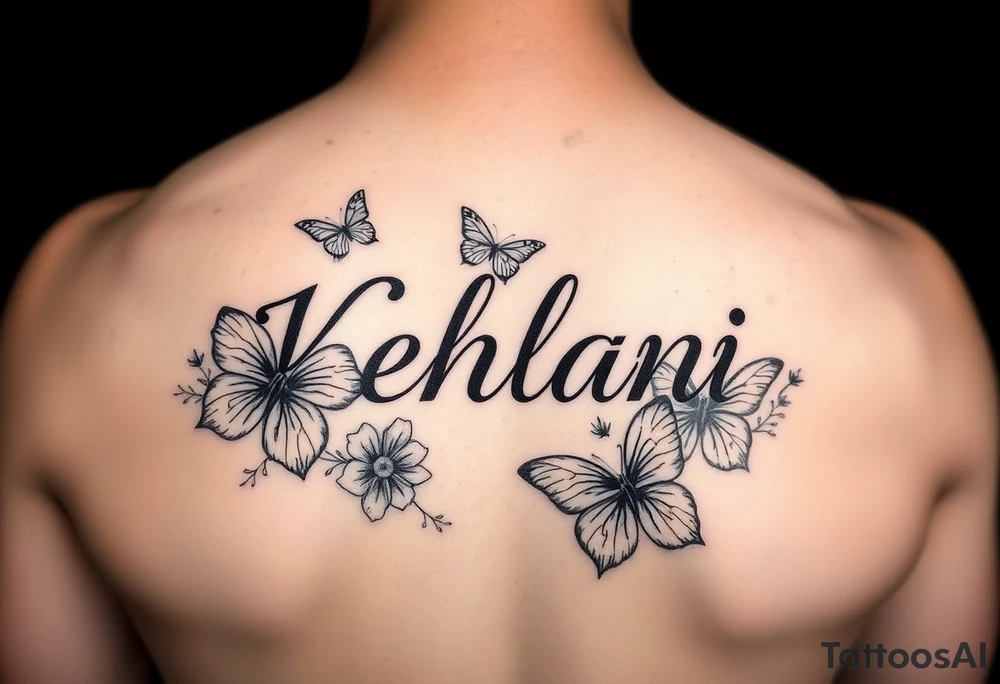 the name kehlani with flowers and butterflies red ink tattoo idea