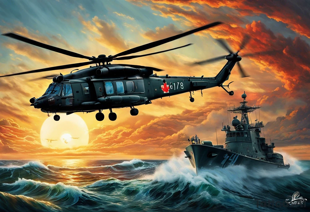 A cinematic-style tattoo depicting a Canadian military CH-148 Cyclone helicopter performing a daring maneuver over a turbulent ocean. The sky should be filled with dramatic clouds, and the sun should be setting, casting long shadows. The helicopter should be the main focus, with intricate details and a sense of motion. In the background, a poppy should be prominently displayed, and a quote from 'Lest We Forget' should be included, black and white tattoo idea