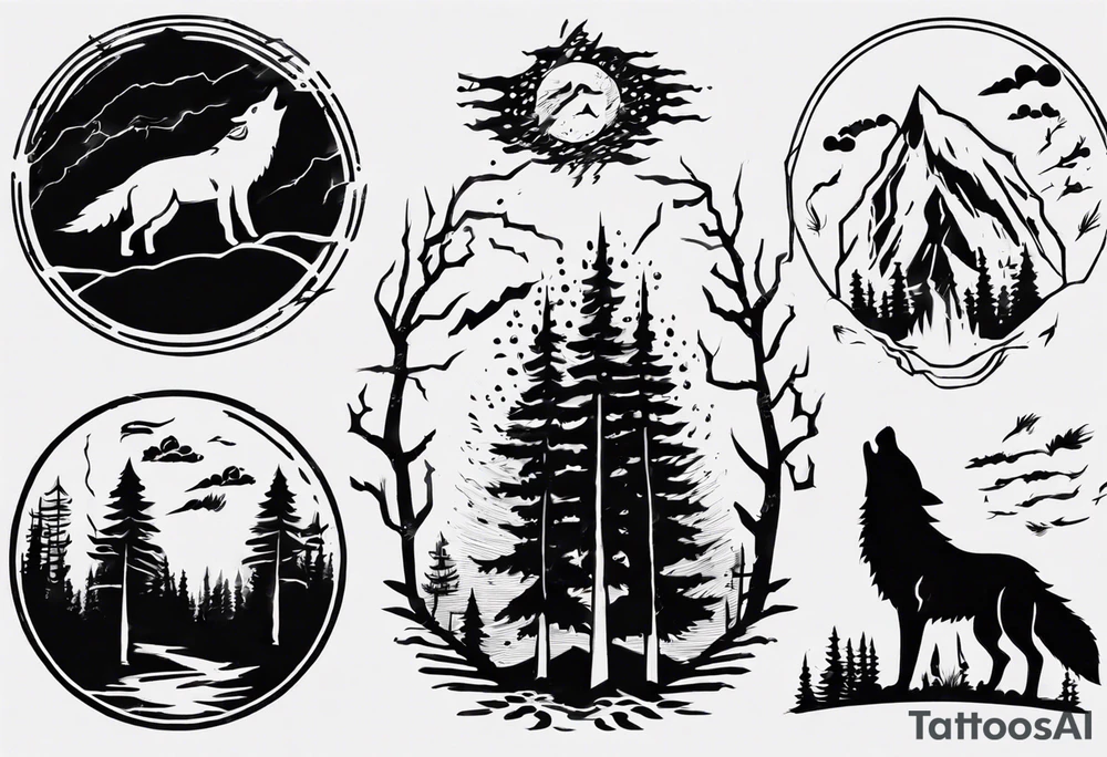 thunderstorm over a forest with a wolf howling on drums tattoo idea thunderstorm over a forest with a wolf howling on drums tattoo idea