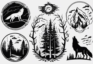 thunderstorm over a forest with a wolf howling on drums tattoo idea