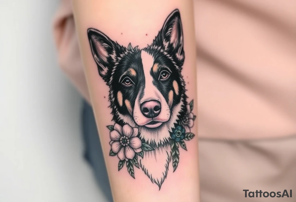 merle black austrailian cattle dog with succulents and flowers surrounding his head tattoo idea