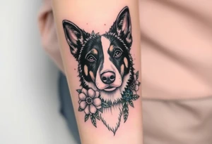 merle black austrailian cattle dog with succulents and flowers surrounding his head tattoo idea