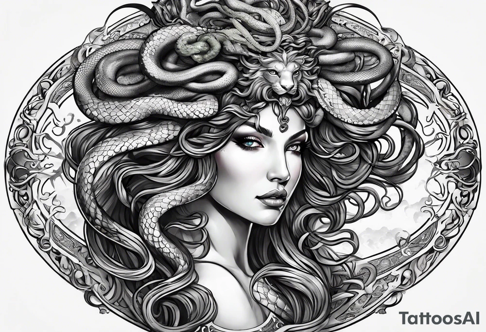 Medusa, before and after she had snakes for hair in the form of tarot cards tattoo idea