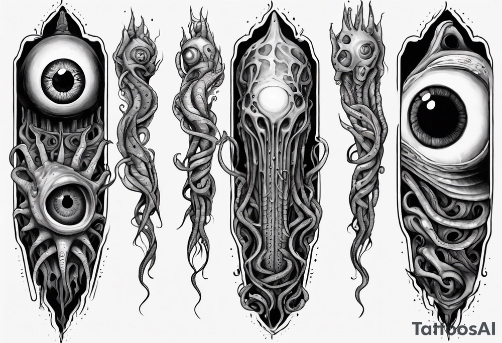 lovecraft themed eye on hand , tentacle on forearm tattoo idea