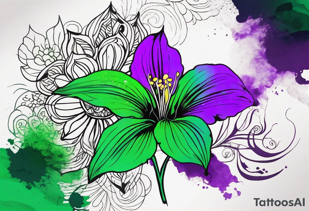 A mystical outline of a green and purple rio dipladenia flower and a green and purple watercolor splash in the background tattoo idea