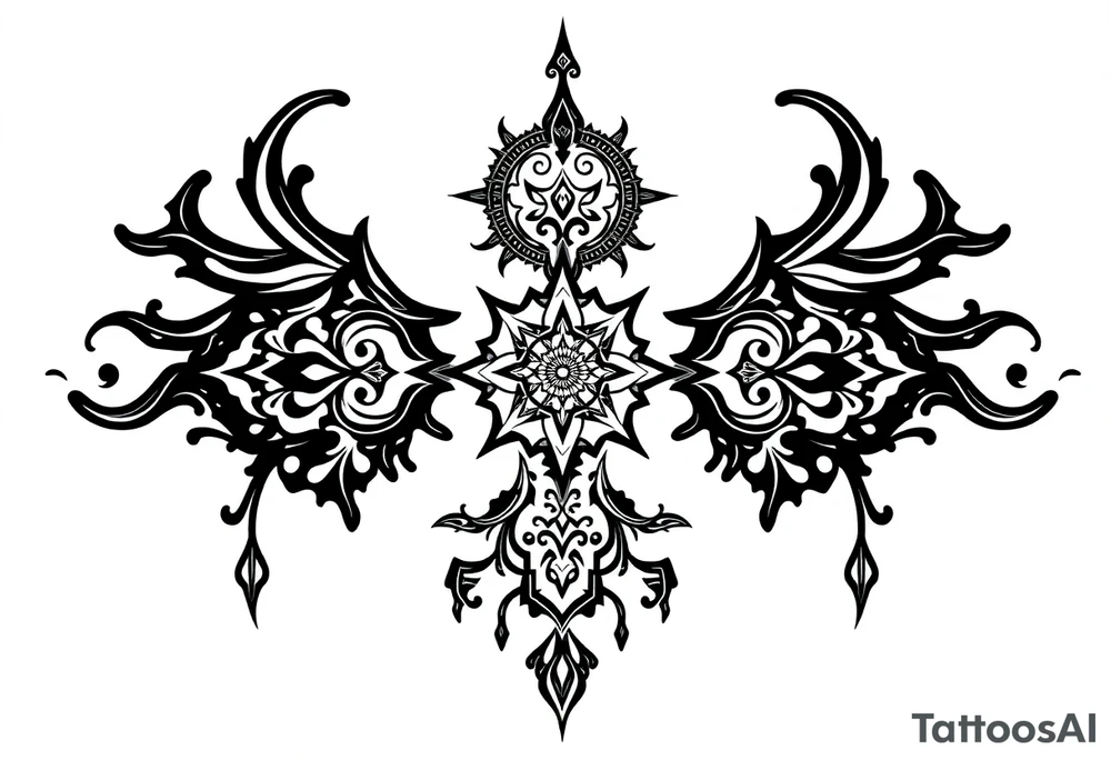 mystical dark and long ornament with shaman and witch style and ancient rhyme tattoo idea
