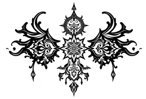 mystical dark and long ornament with shaman and witch style and ancient rhyme tattoo idea