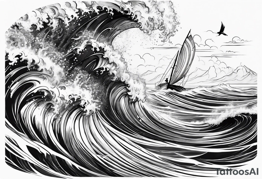 Poseidon im Meer mit windsurfer im hintergrund tattoo idea