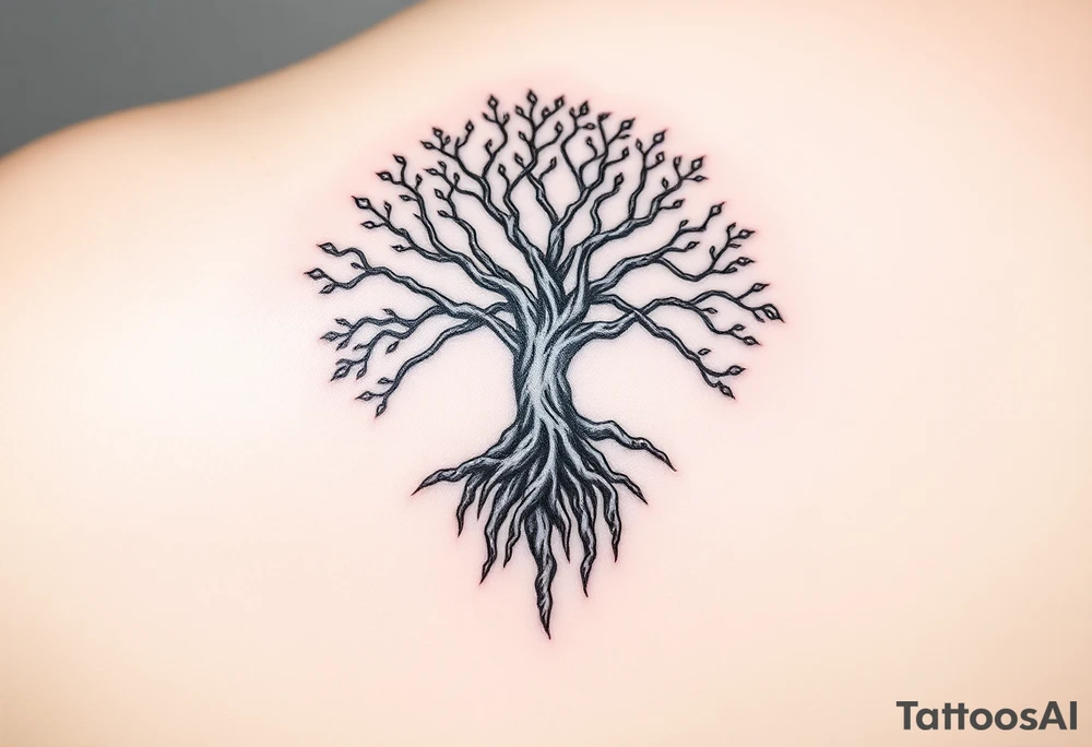 mystical tree of life with cosmic roots and celestial branches tattoo idea