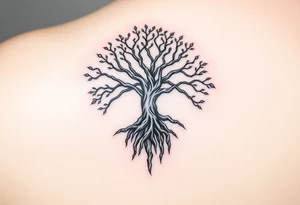 mystical tree of life with cosmic roots and celestial branches tattoo idea