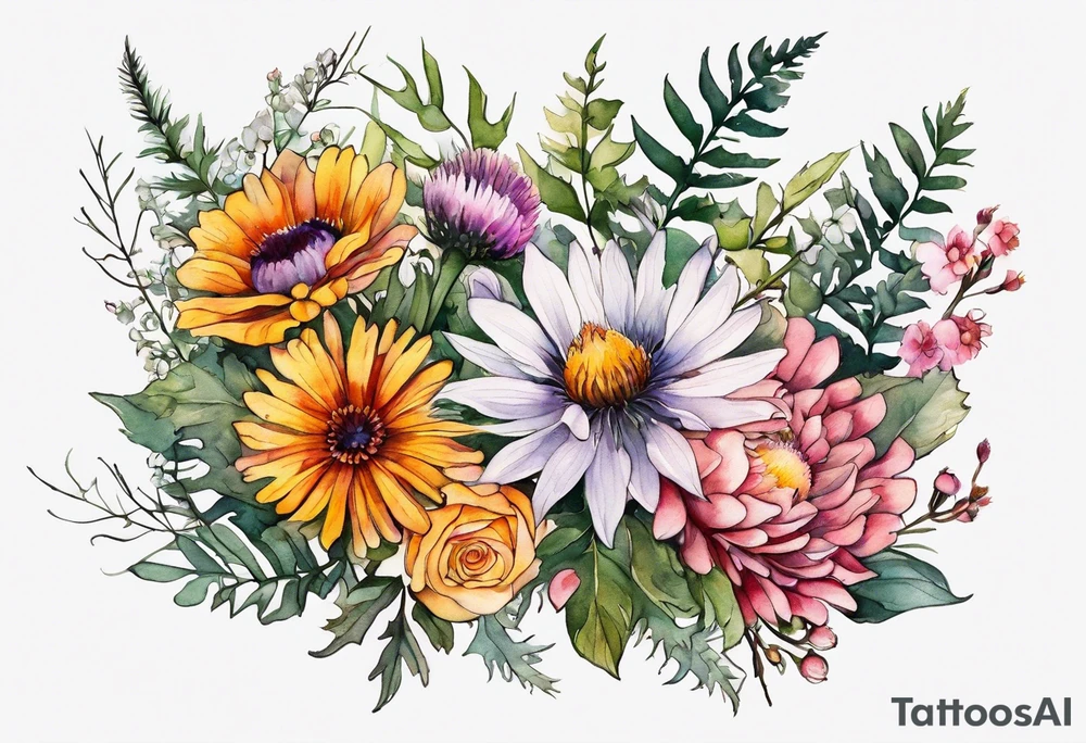 mixed wildflower cascading with thistles, ferns, burnt orange flower, white flowers, pink flowers, and yellow flowers all in watercolor tattoo idea