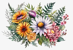 mixed wildflower cascading with thistles, ferns, burnt orange flower, white flowers, pink flowers, and yellow flowers all in watercolor tattoo idea