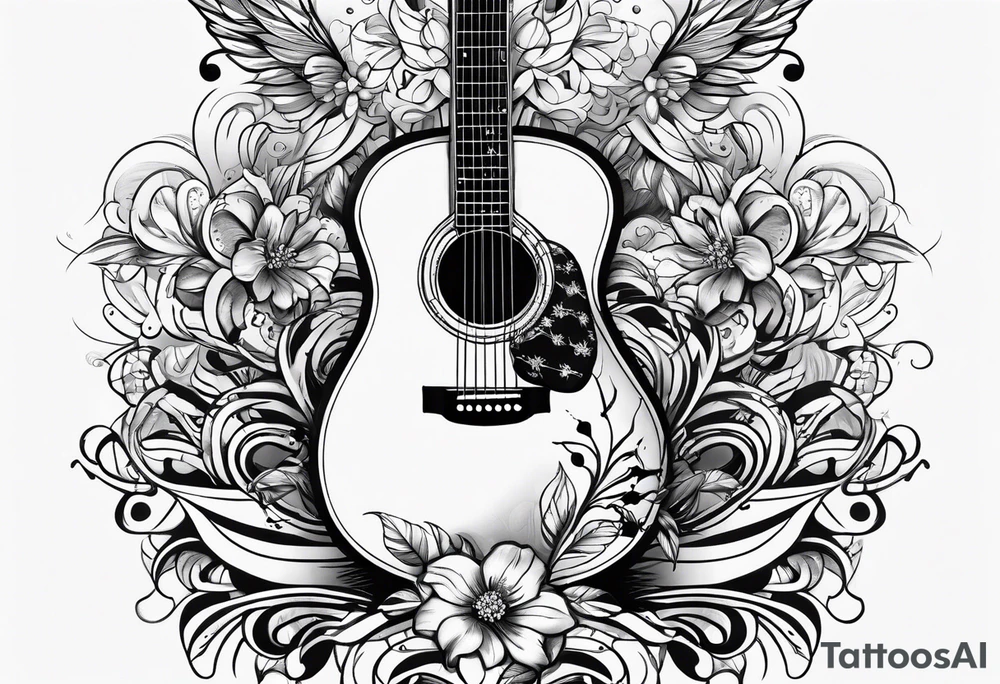 music and guitar and baby footprints tattoo idea