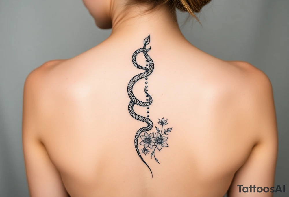 generate a spine tattoo with a snake wrapping around the spine and light florals tattoo idea