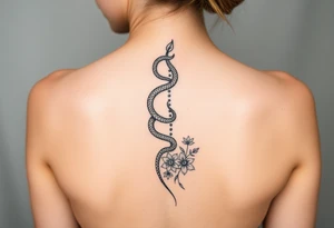 generate a spine tattoo with a snake wrapping around the spine and light florals tattoo idea