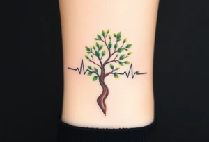 A heartbeat line flowing into a tree silhouette, with green leaves and brown bark, symbolizing the growth and strength of love tattoo idea