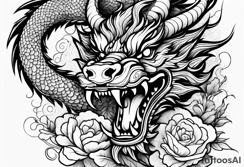 Chinese dragon with flowers tattoo idea