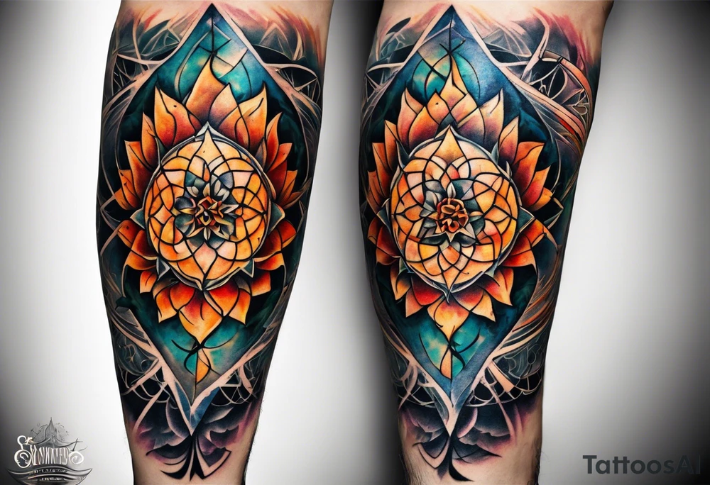 front knee tattoo with sacred geometry, swirls & washes, background and in fall colors tattoo idea