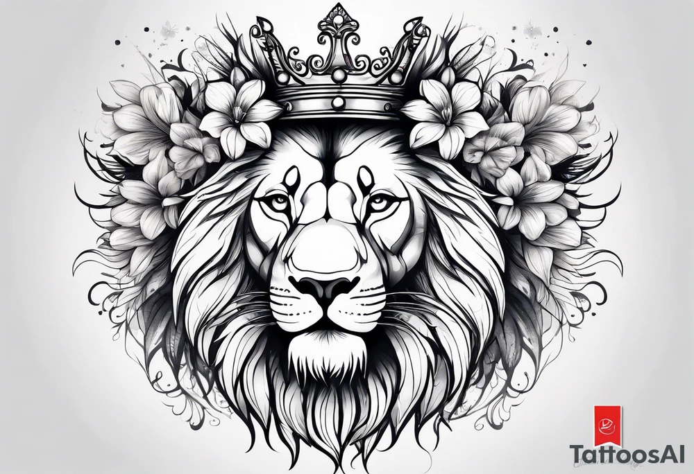 lion mane made of feathers covered in lilies and butterflies crown tattoo idea
