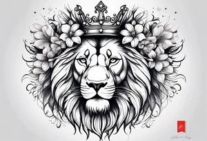 lion mane made of feathers covered in lilies and butterflies crown tattoo idea