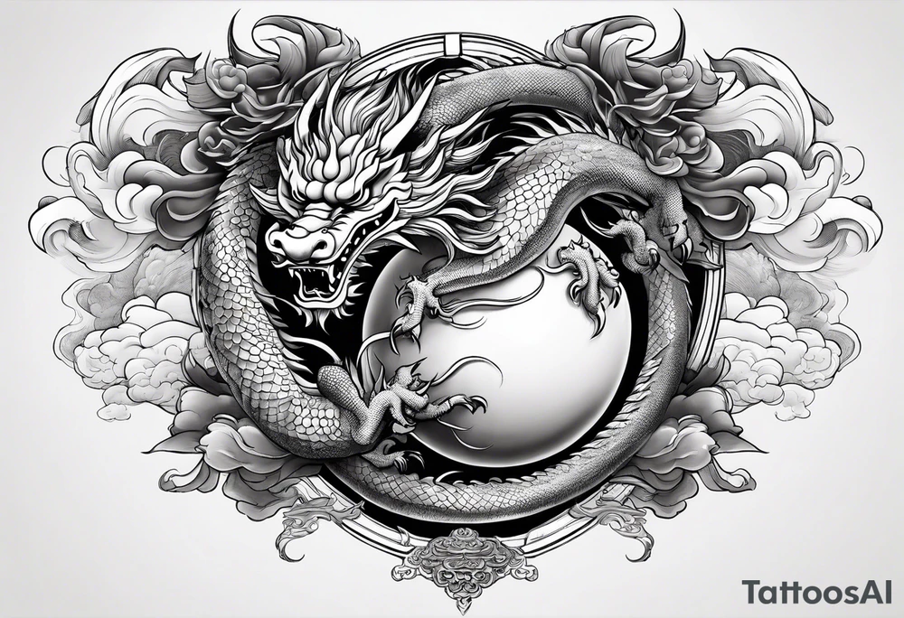 asian dragon rising to the above, holding a sphere, surrounded by cloud tattoo idea