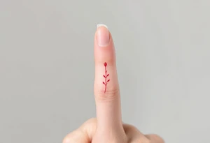 A tiny, delicate red finger band tattoo idea
