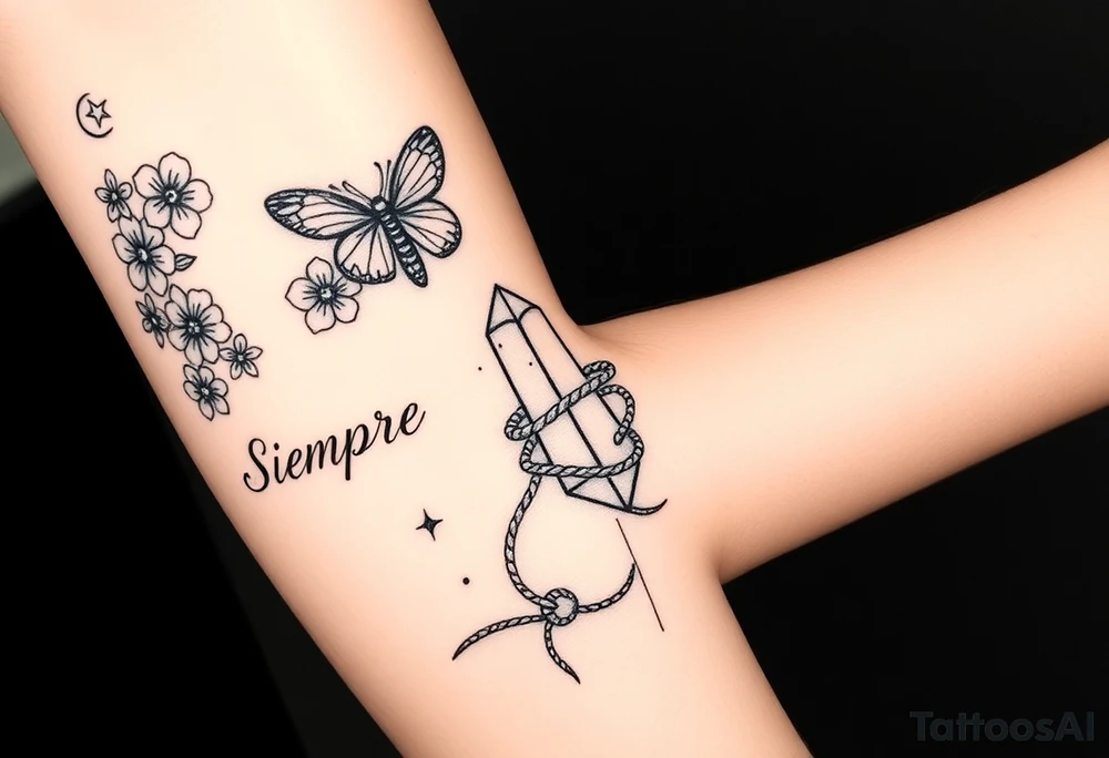 Placement: Forearm half sleeve, with forget-me-not wrapped around, with 3 butterflies placed around it. The word ‘siempre’ along the inside of the wrist around the radial pulse area. On the palm side of the wrist, there is 444 and a fine line moon and star. On the inner forearm, there are two crystals tied together with rope, with some stars dotted around it and two fine line leaf stems, and a moon above it. All tattoos in black ink. tattoo idea