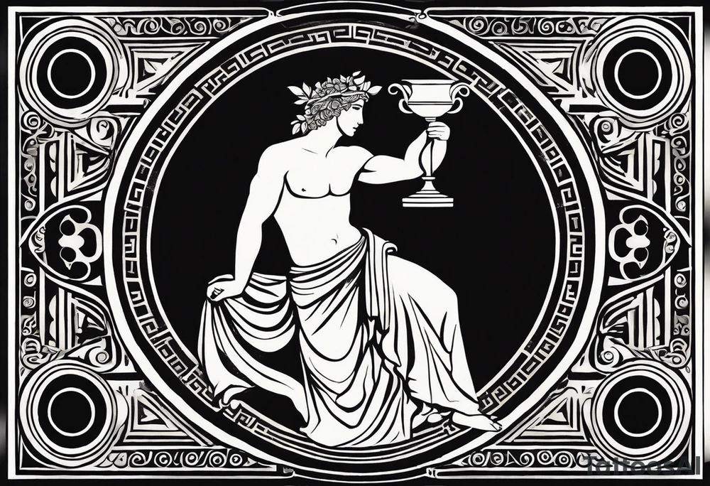 "Craft a minimalist tattoo design in the style of ancient Greek art, featuring Dionysus with his affection for theater. Depict Dionysus in a simplified yet elegant form, reminiscent of classical Greek sculpture, holding a theatrical mask and a goblet of wine. Surround him with subtle geometric patterns or motifs inspired by ancient Greek pottery, such as meanders or key patterns. Ensure the design maintains a minimalist aesthetic while incorporating elements that evoke the sophistication and timelessness of Greek art, capturing Dionysus's connection to both wine and theater in a visually striking manner." tattoo idea