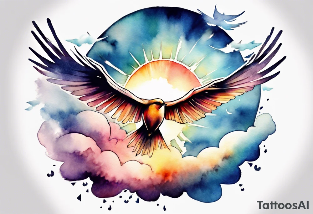 a shoulder tattoo with lots of rays of light in gradient starting from the middle
, clouds and birds flying free tattoo idea