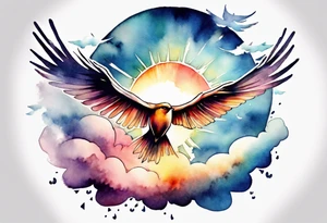 a shoulder tattoo with lots of rays of light in gradient starting from the middle
, clouds and birds flying free tattoo idea