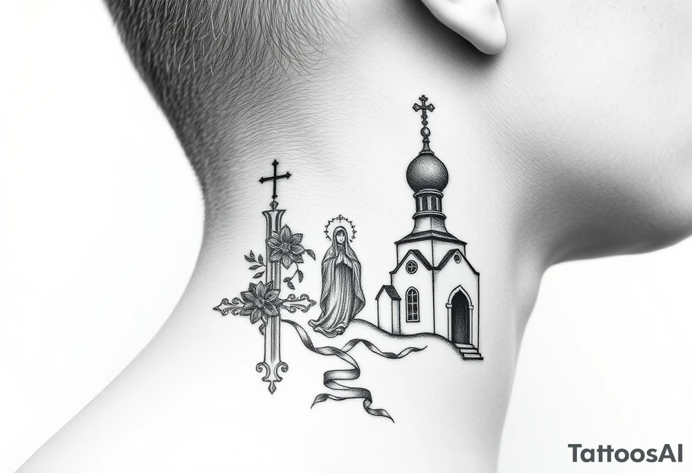 russian design traditional christian orthodox cross with a virgin mary stood beside the entrance of a russian orthodox dome church on the side of the neck in a wilderness setting with the design spread out the side of the neck tattoo idea