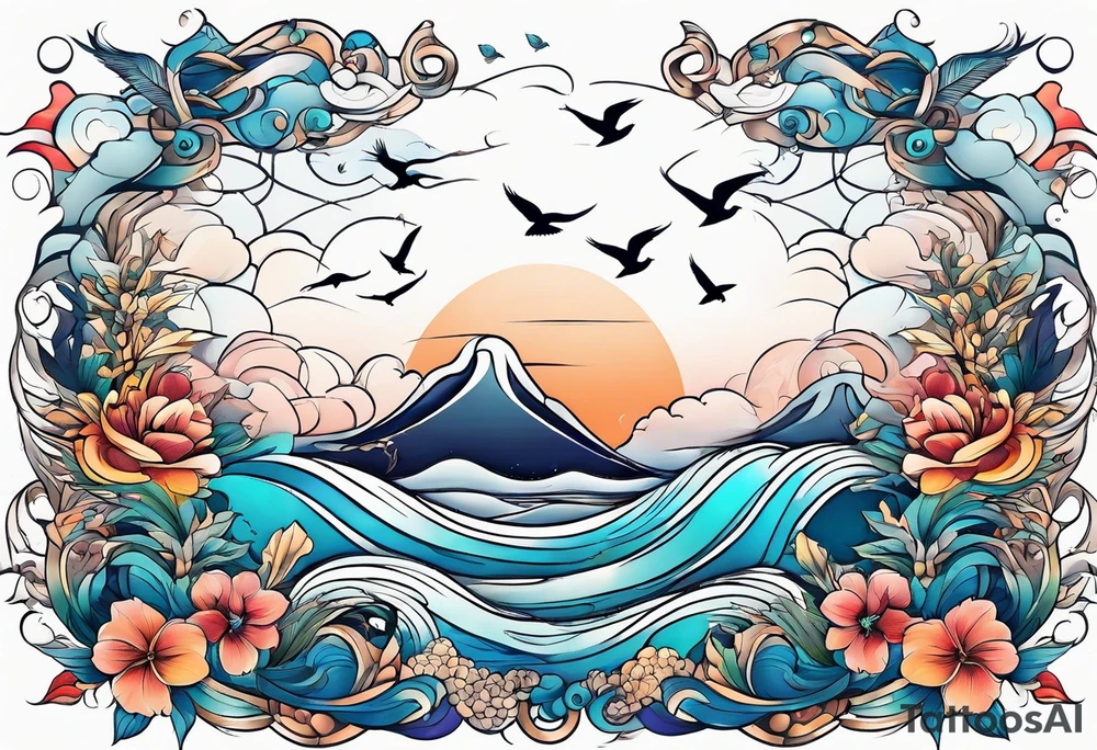 calm sea with birds tattoo idea