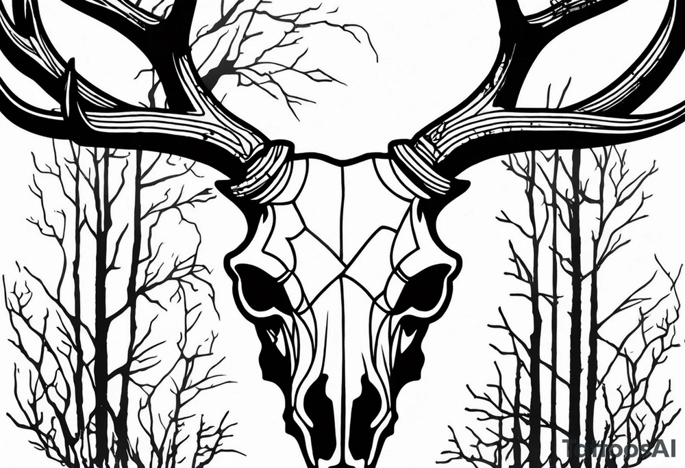 Halloween side view of a DECAYING deer skull JUST BONE surrounded by a flames and trees in background tattoo idea