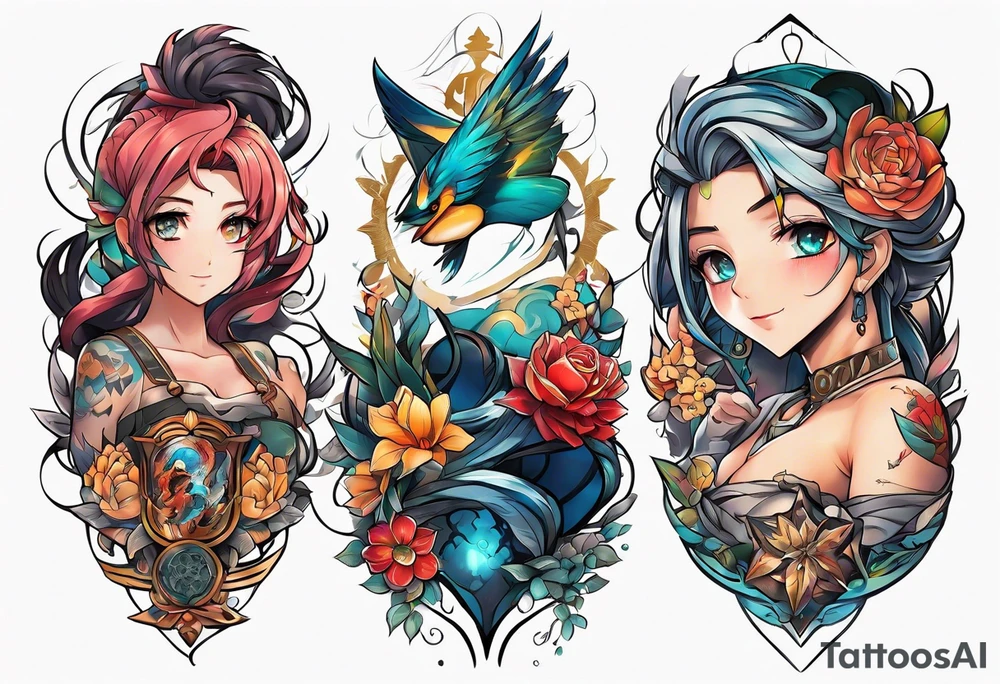 Anime Tattoo on arm with random animes Characters tattoo idea