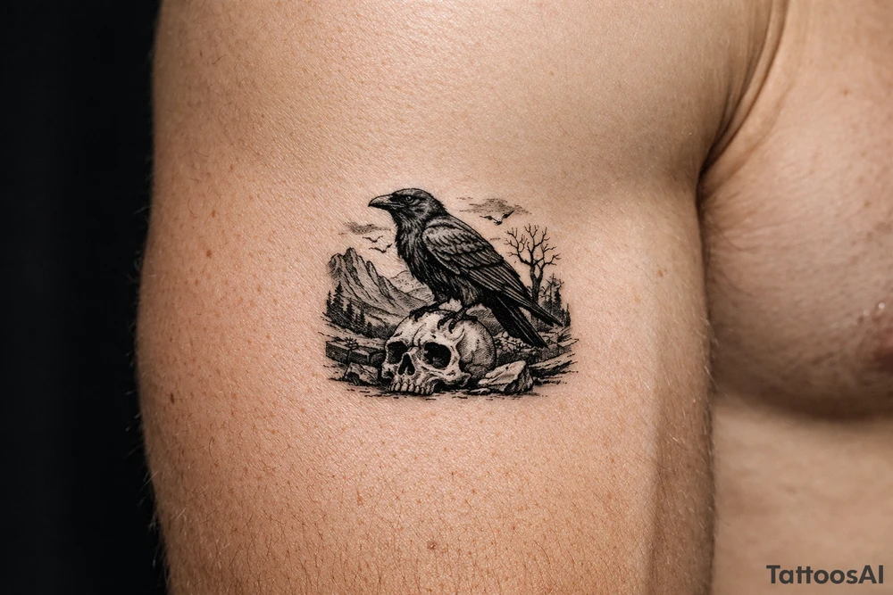 a raven standing on a skull, landscape. tattoo idea