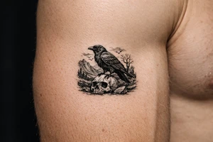 a raven standing on a skull, landscape. tattoo idea