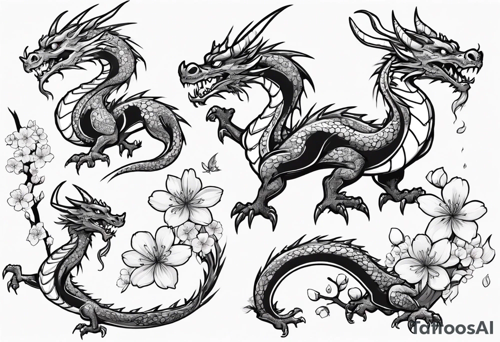 cartoon dragon on cherry blossom branch tattoo idea