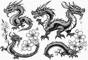 cartoon dragon on cherry blossom branch tattoo idea