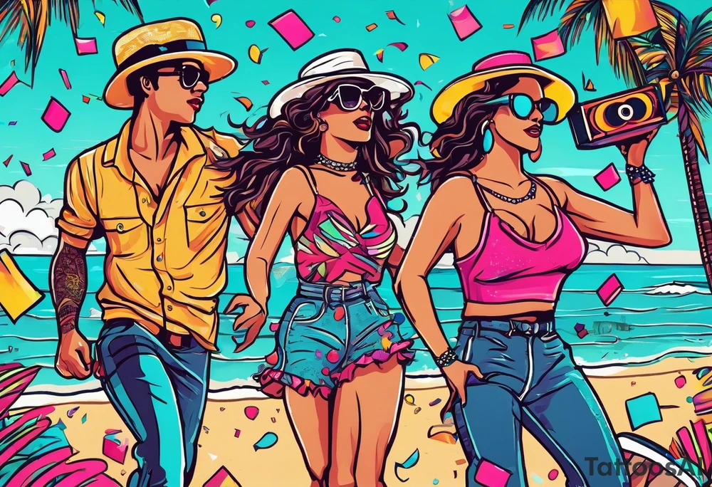 1980's style dance party with boom box and confetti in a beach theme. include people in 80's miami beach clothes, music note. tattoo idea