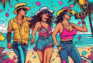 1980's style dance party with boom box and confetti in a beach theme. include people in 80's miami beach clothes, music note. tattoo idea